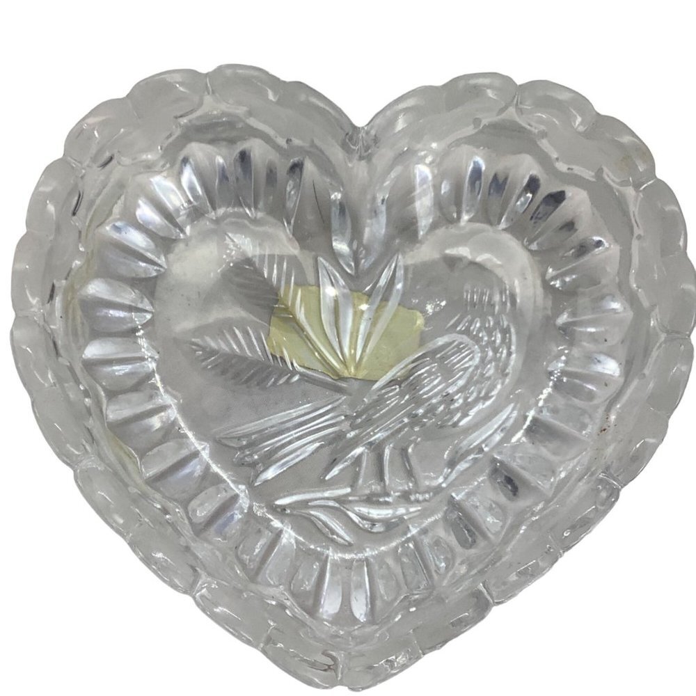 Vtg ECHT BLEIKRISTALL Lead Crystal Heart Shape‎ Bird Etched Candy Dish Germany